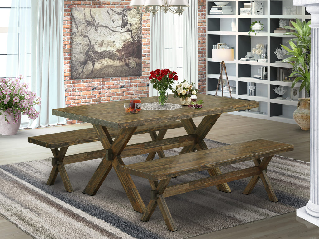 X2-77O Versatile 3-Piece Rectangle Dining Set with Wooden X-Leg Table and Twin Benches, Multi-Color Design