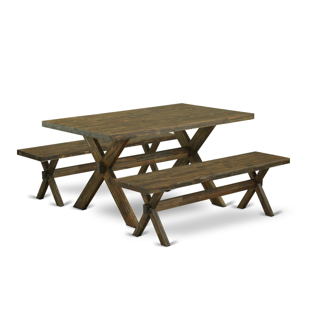 X2-77O Versatile 3-Piece Rectangle Dining Set with Wooden X-Leg Table and Twin Benches, Multi-Color Design