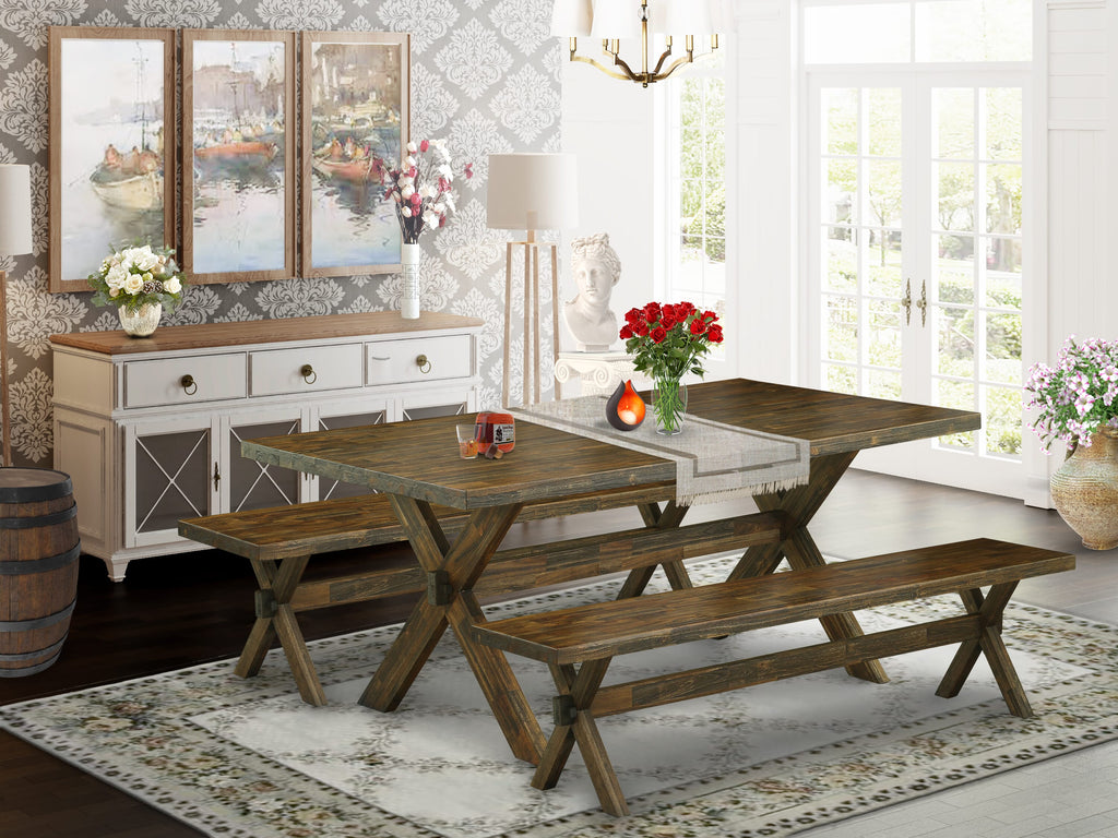 X2-779 Elegant Three-Piece Dining Ensemble Featuring Rectangular Table and Bench Seating, Multi-Hued