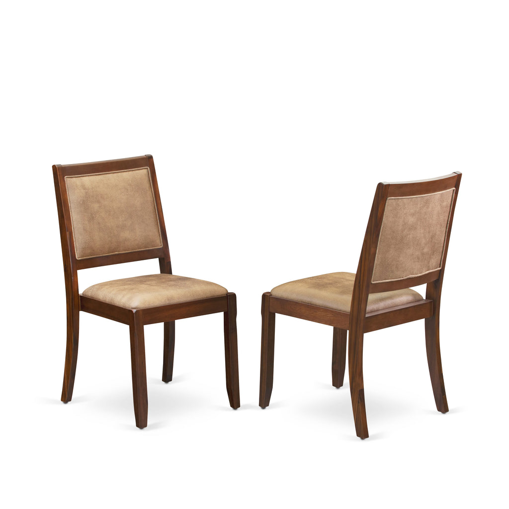 YAX23-SVF-6N 3-Piece Dining Ensemble Vintage Walnut Table & 2 Brown Faux Leather Stackable Chairs