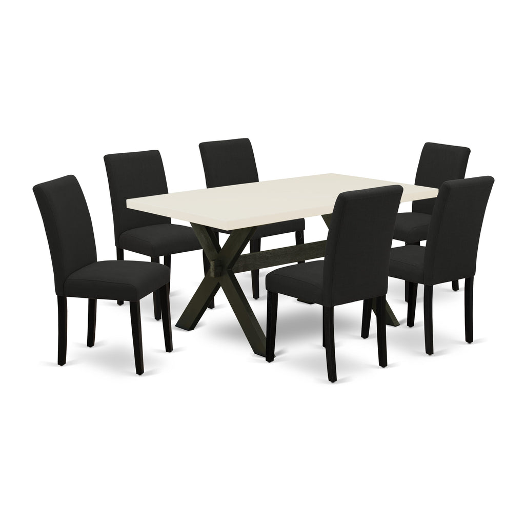 X626AIY8Y-X Elegant 7-Piece Dining Set Rectangular Table with X-Legs & 6 Upholstered Black Chairs, Multi-Color Style