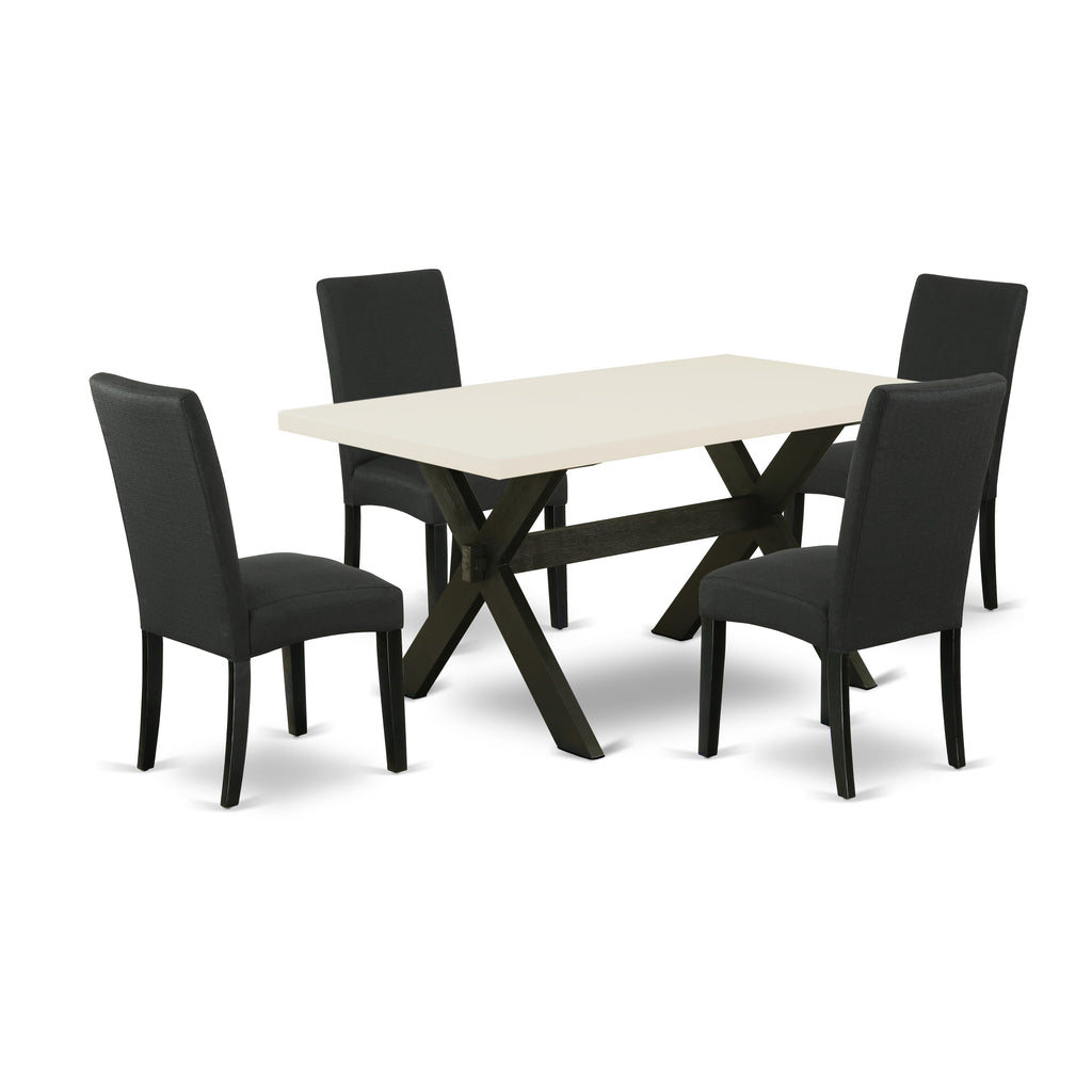 X626D03TS-N 5-Piece Set Rectangular Table with X-Legs & 4 Black Linen Fabric Chairs, 36x60 Multi-Color