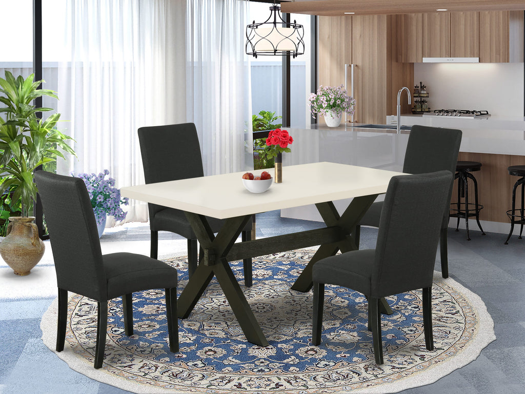 X626D03TS-N 5-Piece Set Rectangular Table with X-Legs & 4 Black Linen Fabric Chairs, 36x60 Multi-Color