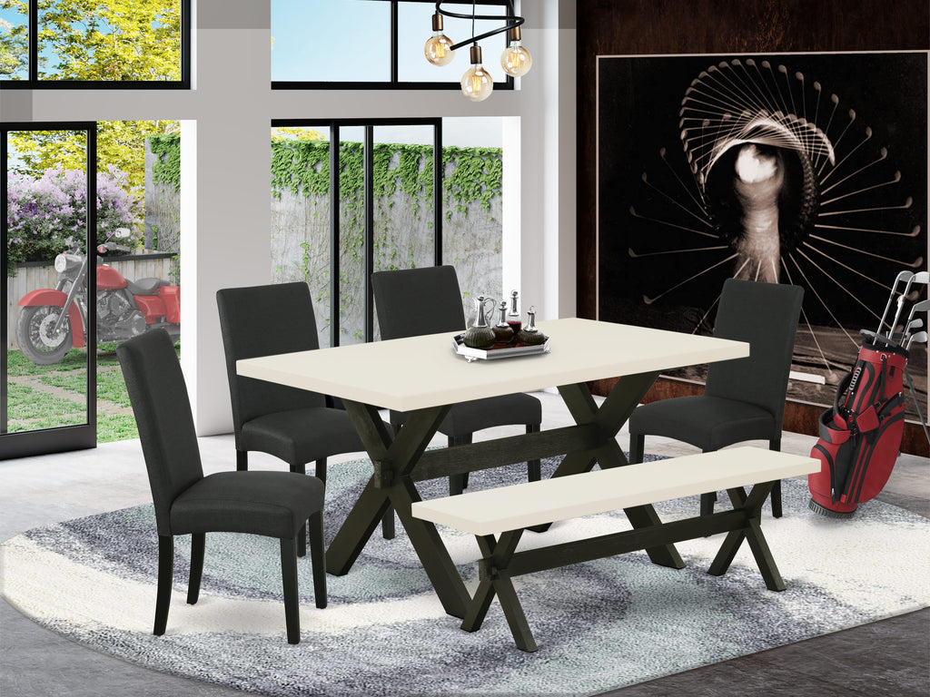 X626DMII2-5 Dining Ensemble Table with X-Legs, 4 Linen Parson Chairs & Bench - Multi-Color Style