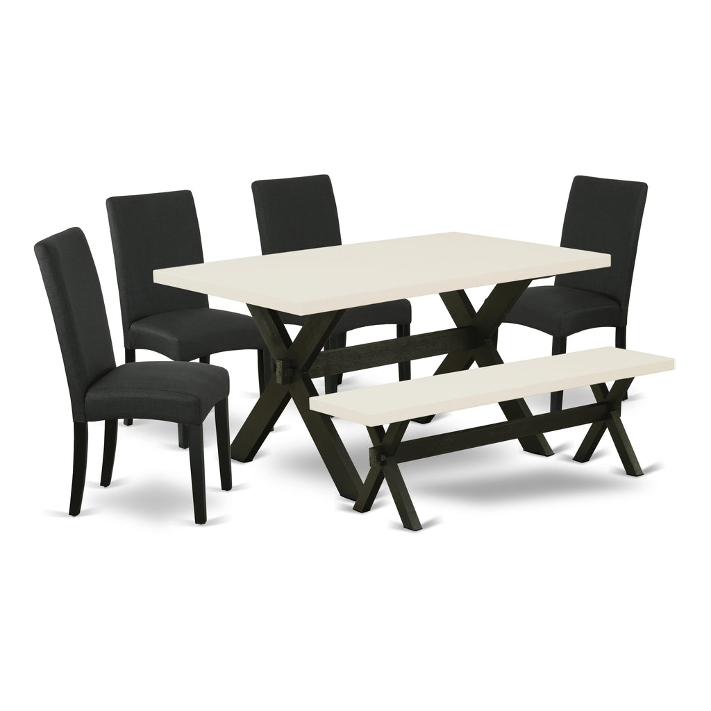 X626DMII2-5 Dining Ensemble Table with X-Legs, 4 Linen Parson Chairs & Bench - Multi-Color Style