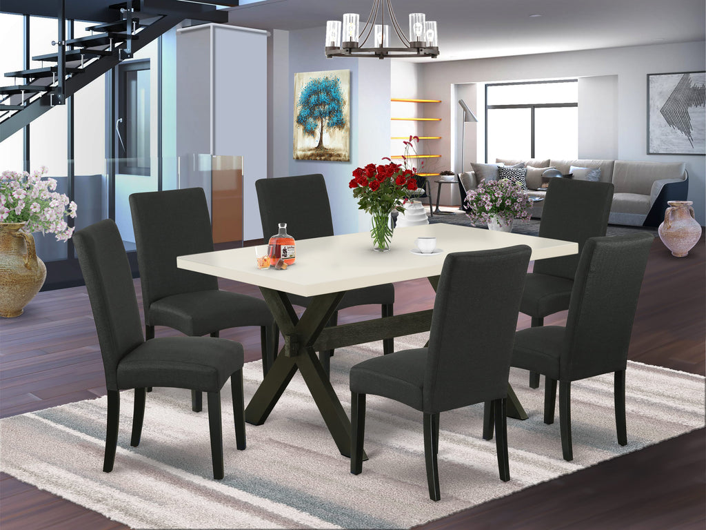 X626DYVZ2-U 7-Piece Dining Suite with Unique X-Leg Table & 6 Sleek Black Linen Upholstered Chairs, 36x60in, Varied Tones