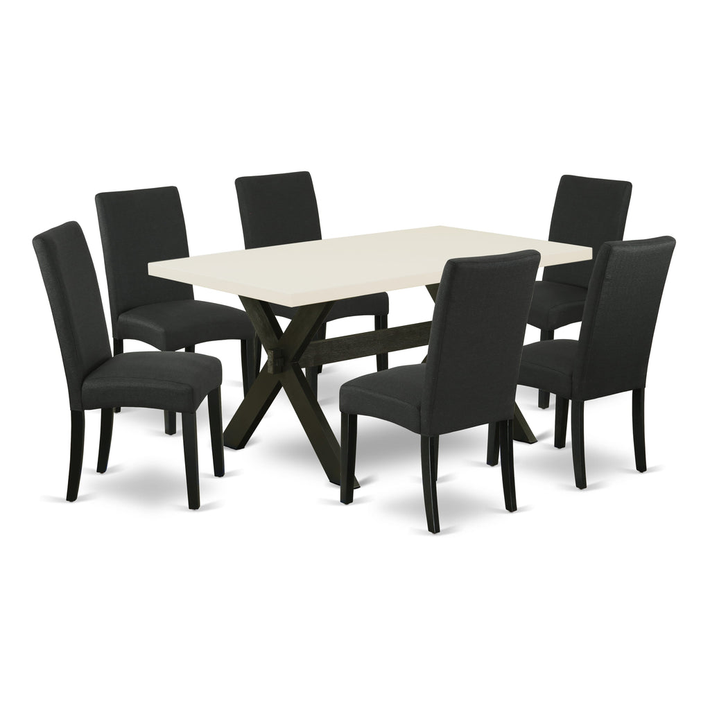X626DYVZ2-U 7-Piece Dining Suite with Unique X-Leg Table & 6 Sleek Black Linen Upholstered Chairs, 36x60in, Varied Tones