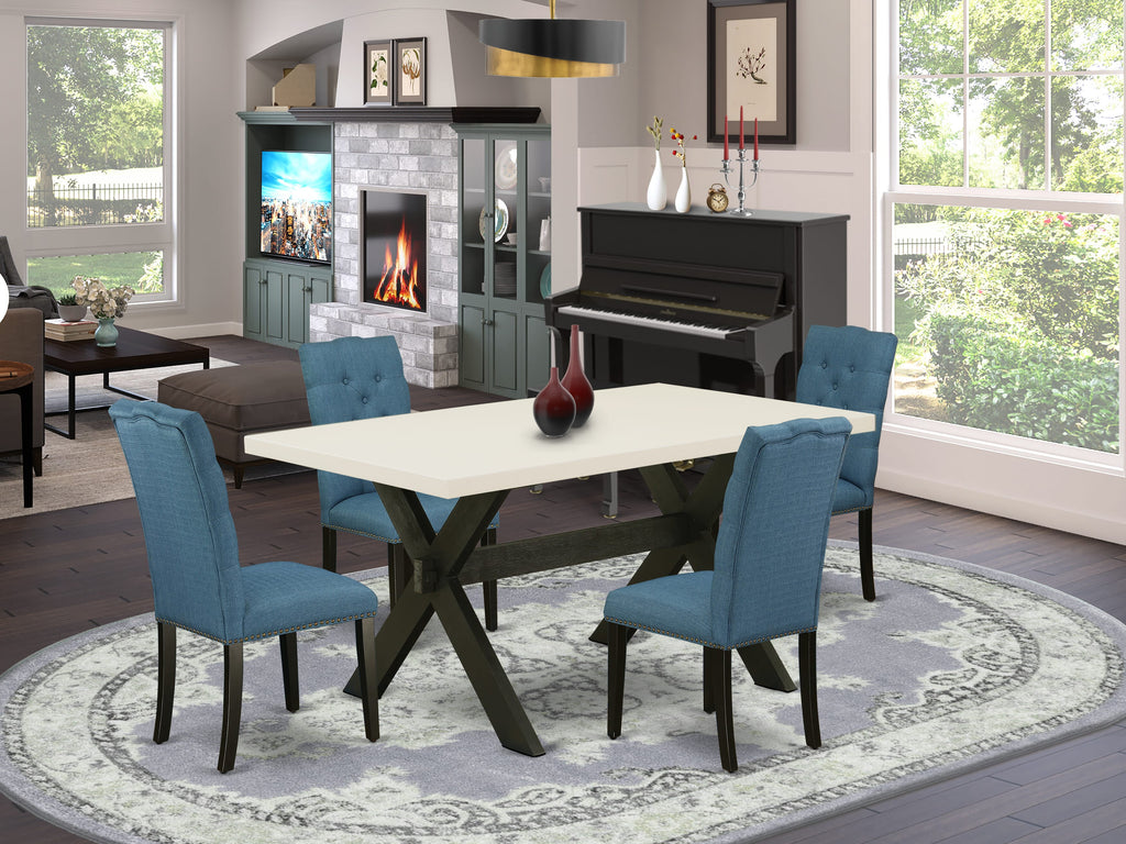 X626ERBHM-6PC Dining Set with Blue Linen Chairs and Rectangle Table, Seats 5, Multi-Color