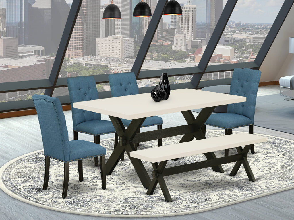 Exclusive X626EA0FQ-3 Dining Set - 6-Piece, Rectangular Table with X-Legs, 4 Blue Linen Chairs & Bench, Multi-Color, 36x60 Inch