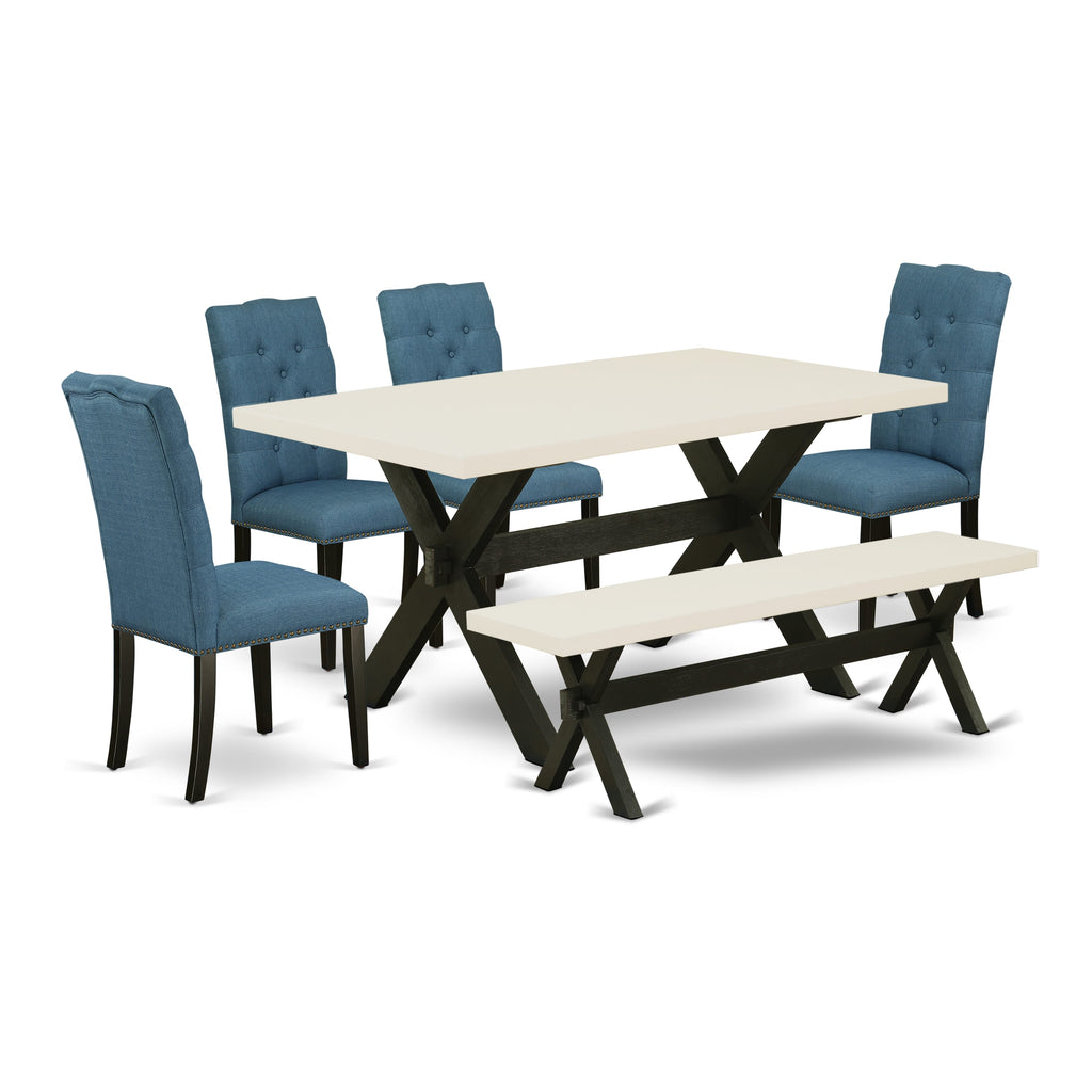 Exclusive X626EA0FQ-3 Dining Set - 6-Piece, Rectangular Table with X-Legs, 4 Blue Linen Chairs & Bench, Multi-Color, 36x60 Inch
