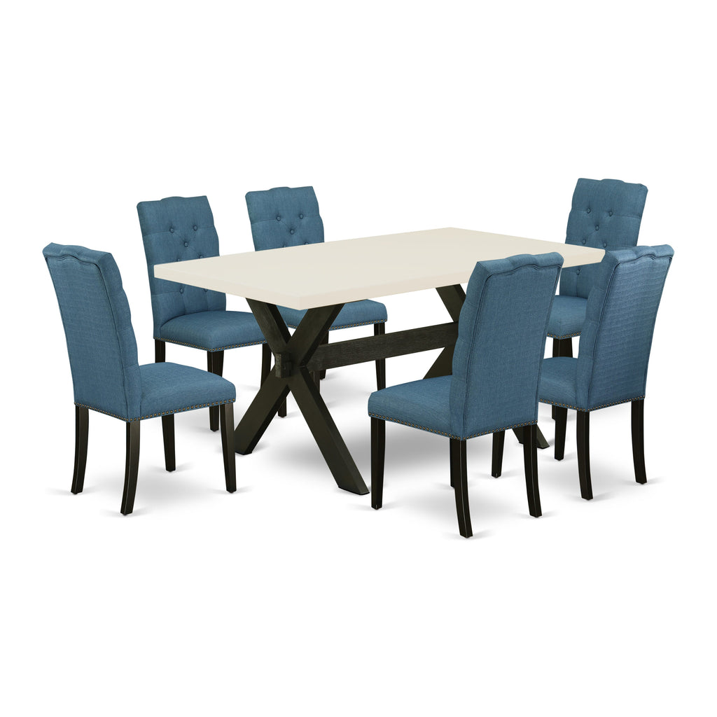 X626E1673-5 7 Piece Rectangle Table Set with X-Legs and 6 Blue Linen Parsons Chairs, Multi-Color, 36x60 Inch