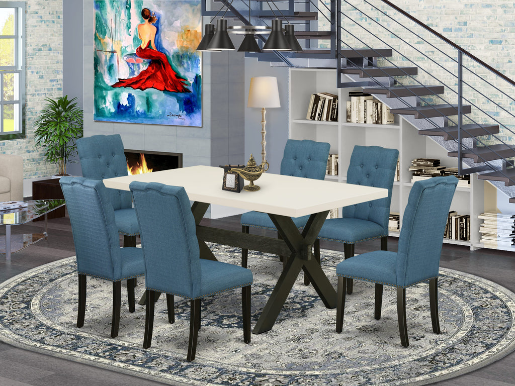 X626E1673-5 7 Piece Rectangle Table Set with X-Legs and 6 Blue Linen Parsons Chairs, Multi-Color, 36x60 Inch