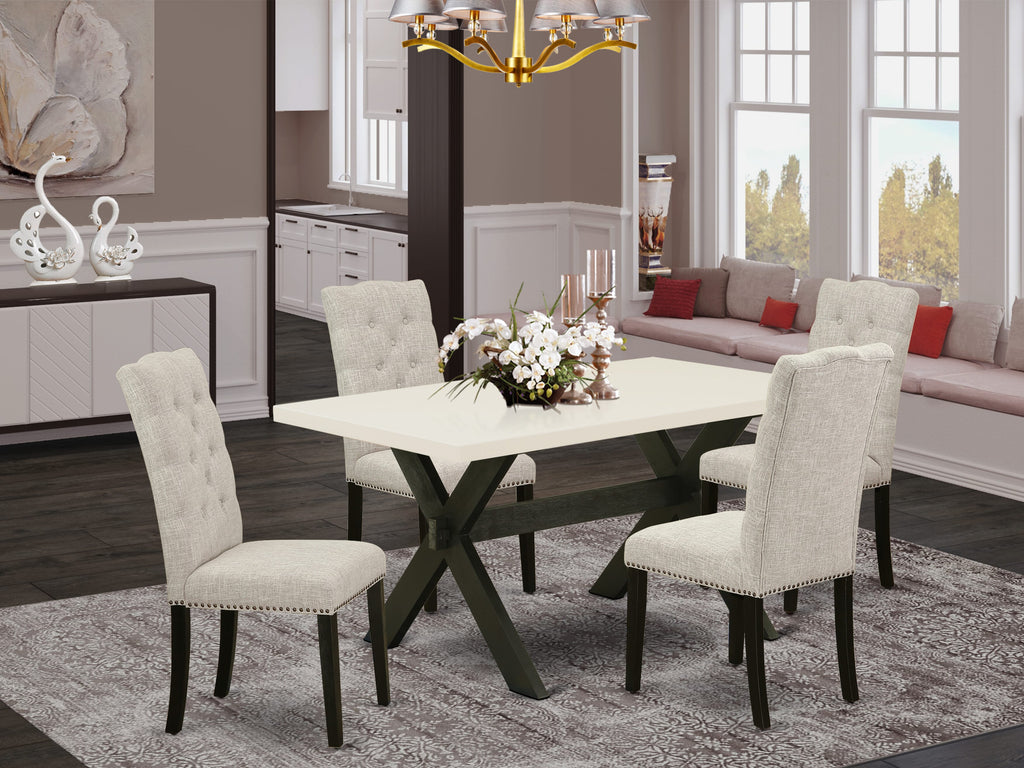 X626ENFI6-1 5 Piece Dining Set Rectangular Table with X-Legs & 4 Linen Chairs, 36x60 Multi-Color