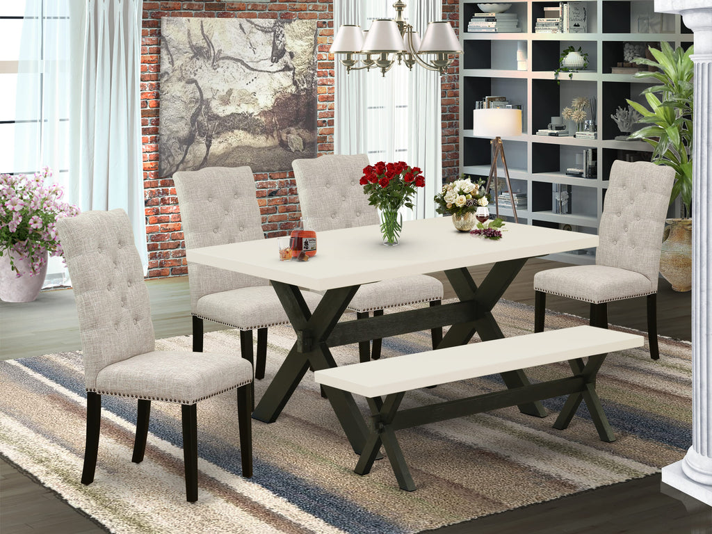 6-Piece Dining Ensemble with Rectangle Table & Bench Set X626EZM99-9 Featuring Upholstered Linen Chairs, 36x60 Multi-Color