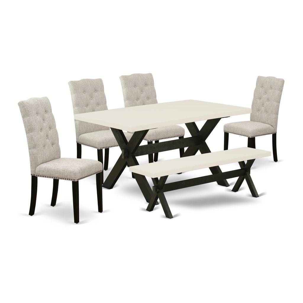 6-Piece Dining Ensemble with Rectangle Table & Bench Set X626EZM99-9 Featuring Upholstered Linen Chairs, 36x60 Multi-Color