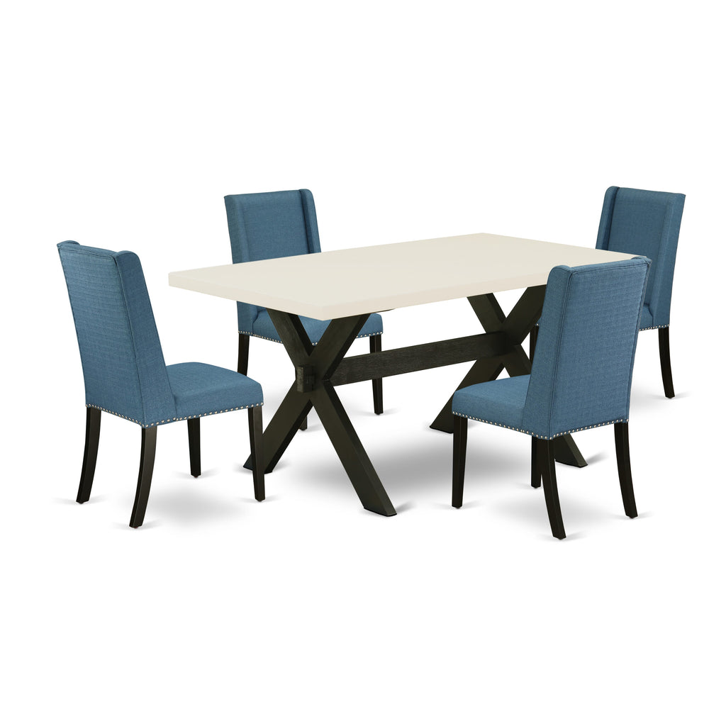 X626FSQ9W-1 Dining Set with Table and Blue Linen Chairs, 5-Piece for Modern Kitchen Spaces