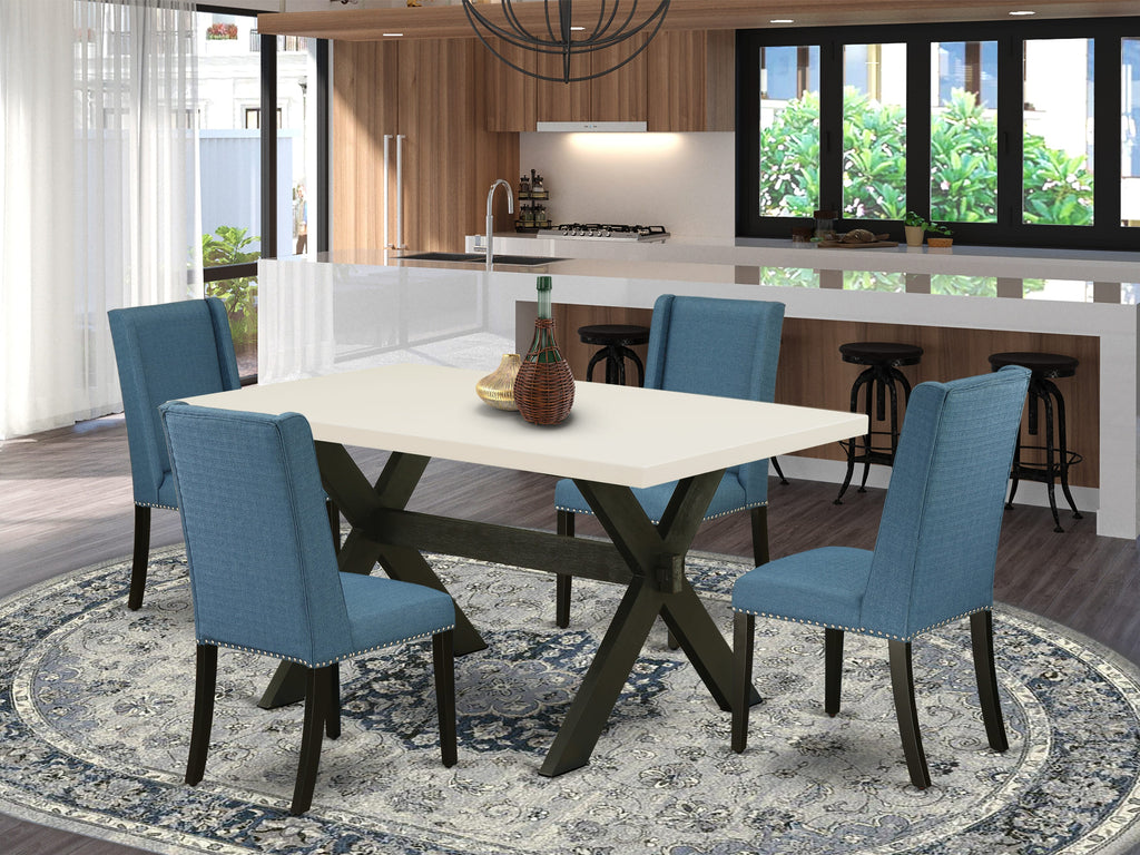 X626FSQ9W-1 Dining Set with Table and Blue Linen Chairs, 5-Piece for Modern Kitchen Spaces
