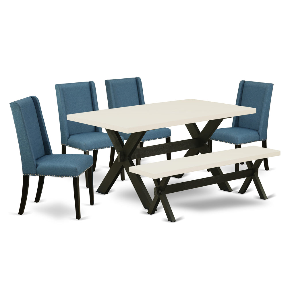X626FL121-6 Piece Dining Collection X-Leg Table, Bench & 4 Blue Fabric Chairs, Multicolor, 36x60