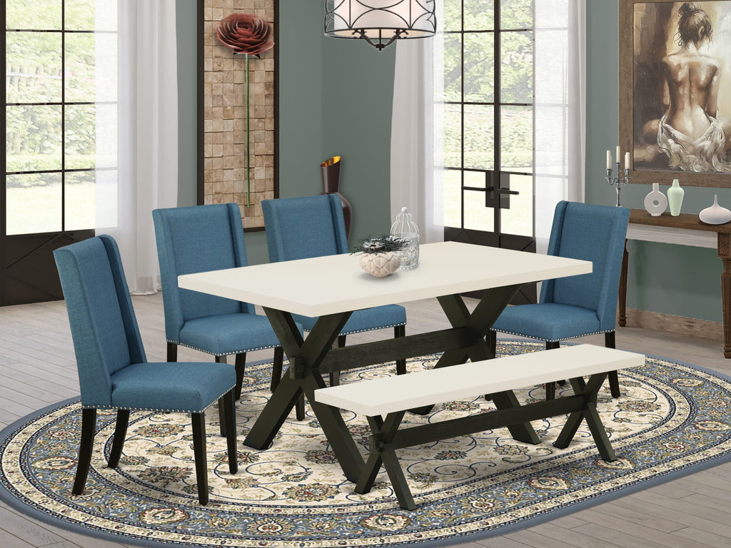 X626FL121-6 Piece Dining Collection X-Leg Table, Bench & 4 Blue Fabric Chairs, Multicolor, 36x60