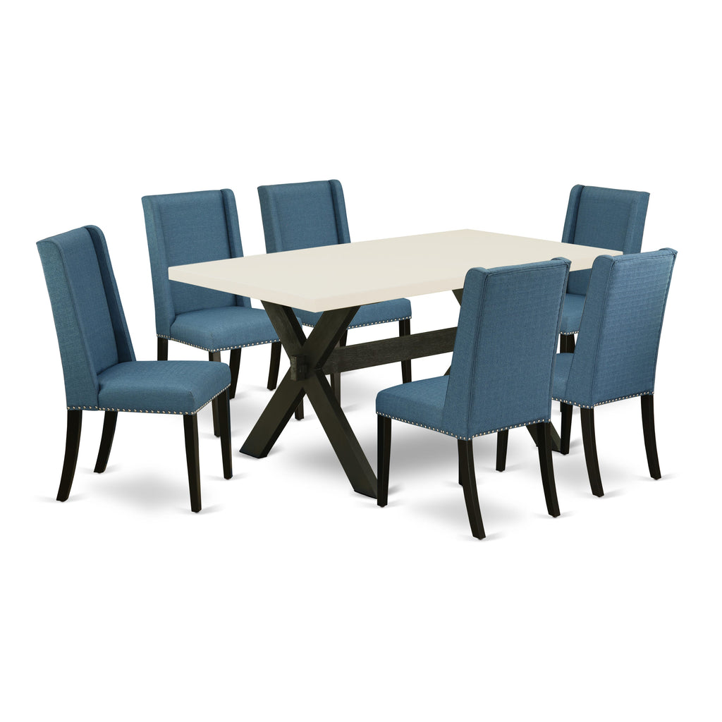 7-Piece Dinner Set X626F4WHC-O with Rectangular X-Leg Table & Blue Chairs Ensemble, 36x60