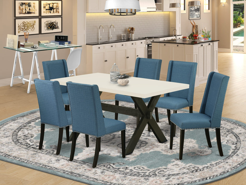 7-Piece Dinner Set X626F4WHC-O with Rectangular X-Leg Table & Blue Chairs Ensemble, 36x60