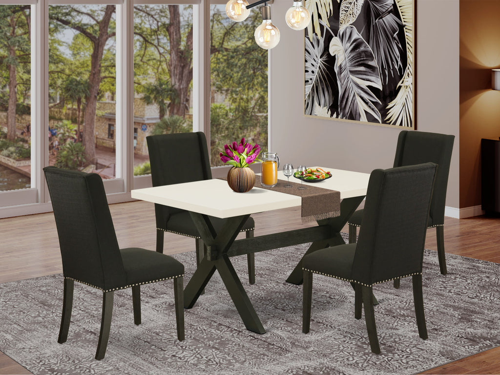 X626FEL3J-2 5-Piece Dining Ensemble with X-Leg Wooden Table and 4 Elegant Black Linen Chairs, 36x60 Inches, Multi