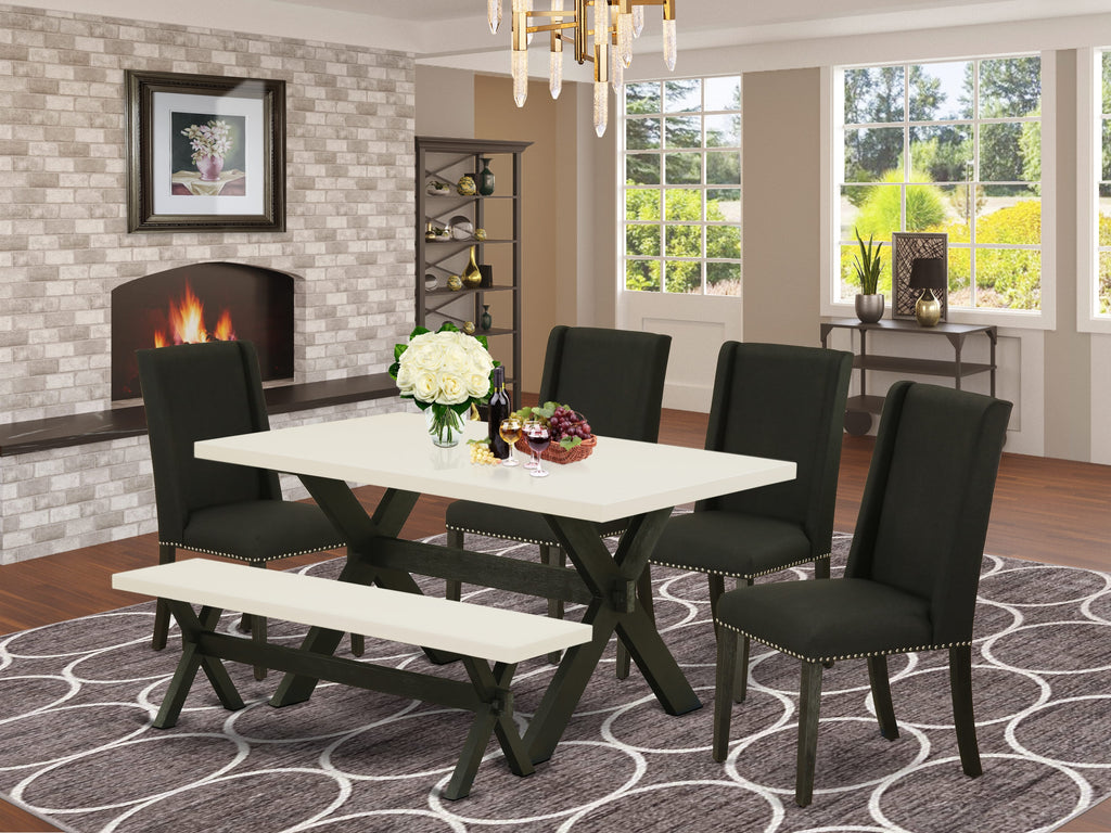 X626FCS74-L Six-Piece Dining Set with Rectangular Table, X-Leg Design, Seating Includes Four Chairs and Bench with Black Upholstery, Multi-Color Finish
