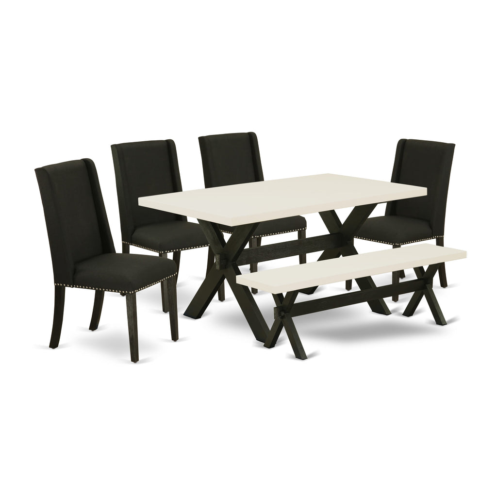 X626FCS74-L Six-Piece Dining Set with Rectangular Table, X-Leg Design, Seating Includes Four Chairs and Bench with Black Upholstery, Multi-Color Finish