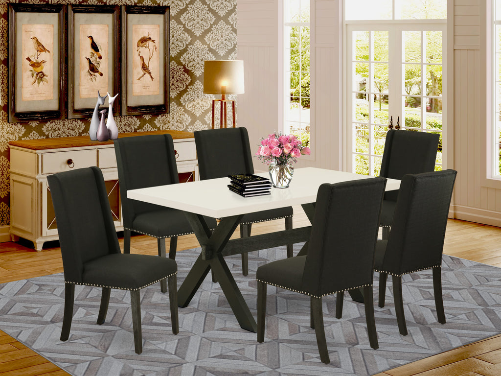 X626FYME6-Z 7-Piece Dining Ensemble with Rectangle Table & X-Leg and 6 Elegant Black Linen Parson Chairs, 36x60 Inch, Multi-Color