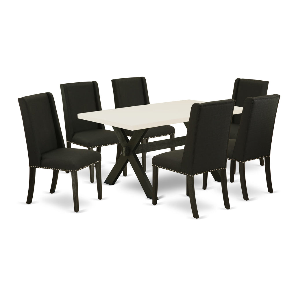 X626FYME6-Z 7-Piece Dining Ensemble with Rectangle Table & X-Leg and 6 Elegant Black Linen Parson Chairs, 36x60 Inch, Multi-Color