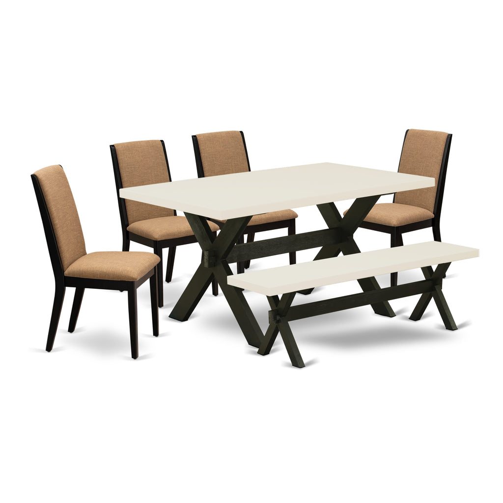 X626LHBUV-U 6-Piece Dining Ensemble with Rectangular Table Featuring X-Legs, Light Sable Upholstered Chairs, and Matching Bench, 36x60 Size
