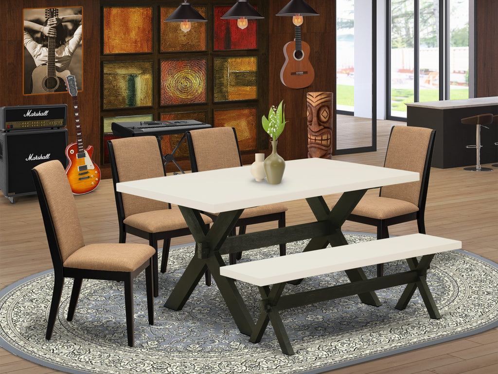 X626LHBUV-U 6-Piece Dining Ensemble with Rectangular Table Featuring X-Legs, Light Sable Upholstered Chairs, and Matching Bench, 36x60 Size