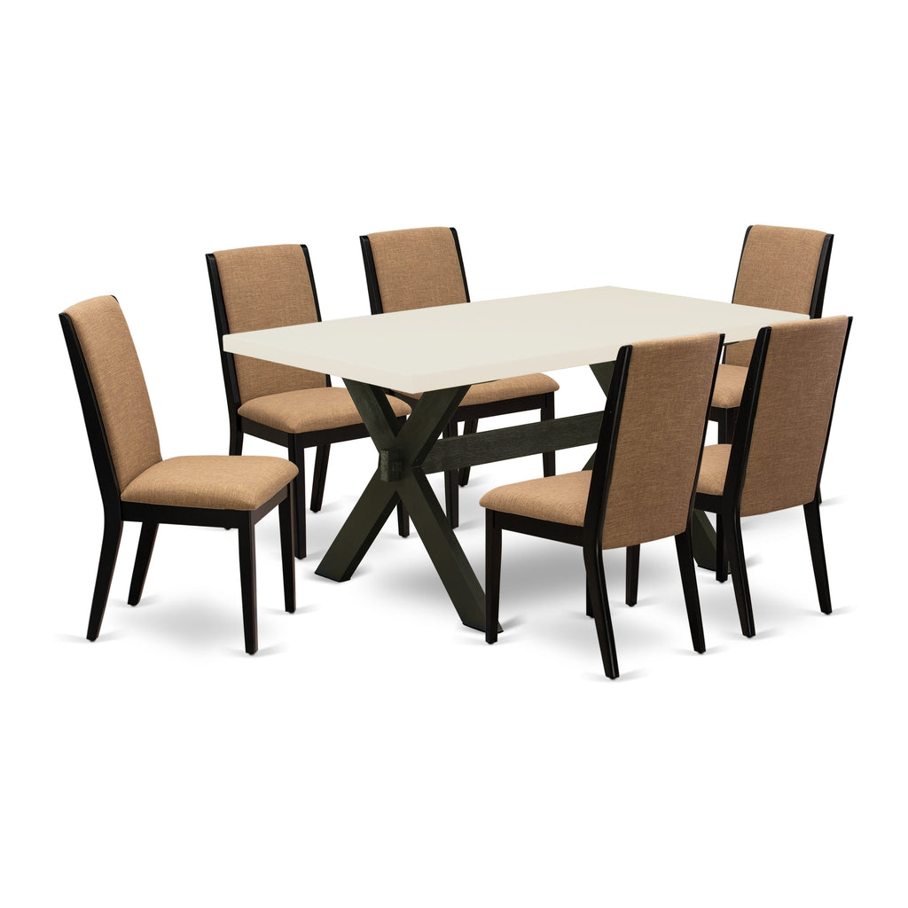 X626L57CM-3 7-Piece Dining Ensemble with Rectangular Table Featuring X-Legs and Six Sable Linen Chairs, 36x60 Multi-Color