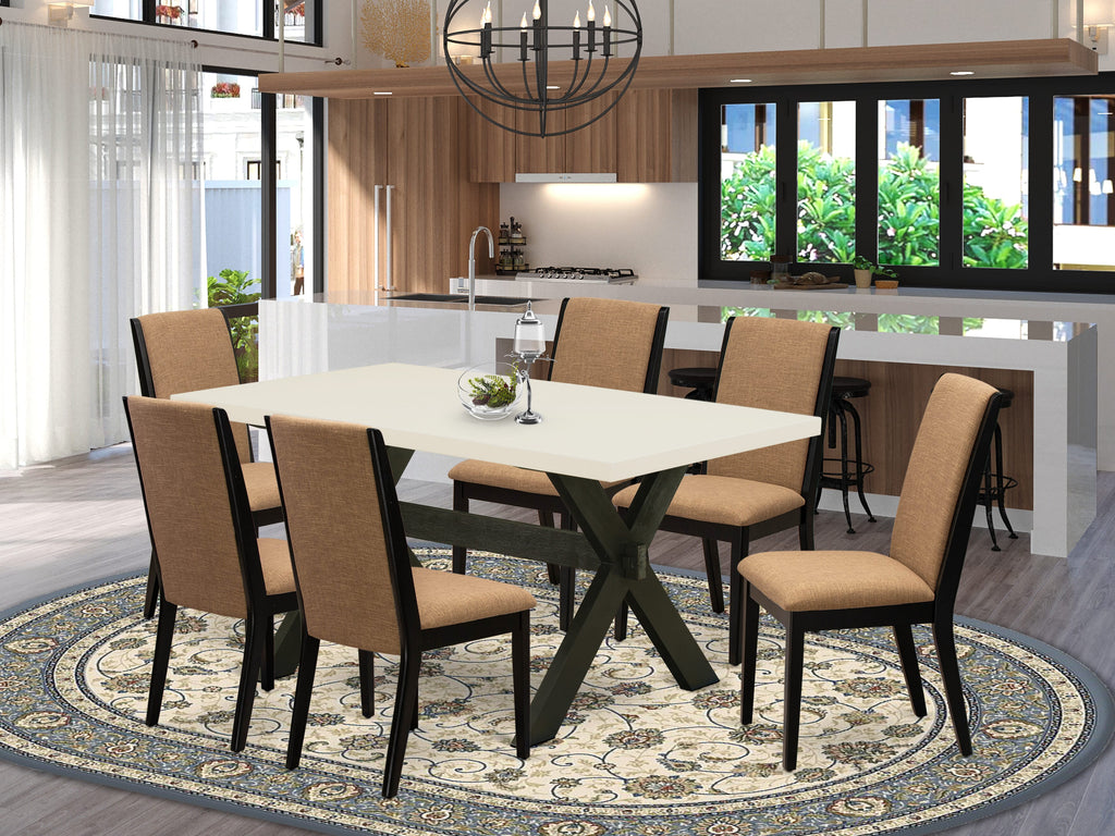 X626L57CM-3 7-Piece Dining Ensemble with Rectangular Table Featuring X-Legs and Six Sable Linen Chairs, 36x60 Multi-Color