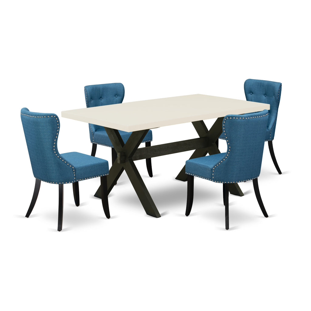 X626SVVB3-1 Elegant 5 Piece Table Set with X-Leg Design and 4 Linen Fabric Upholstered Chairs