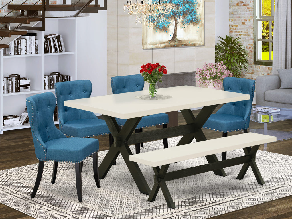 X626SEJNH-Z 6-Piece Dining Ensemble Rectangle Table, X-Legs, 4 Blue Linen Chairs + Bench, 36x60 Multi-Tone