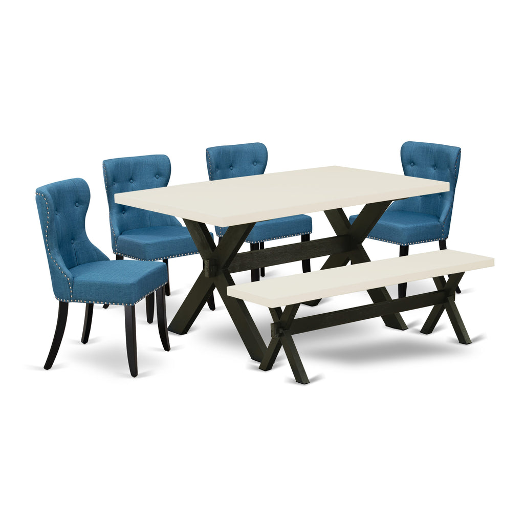 X626SEJNH-Z 6-Piece Dining Ensemble Rectangle Table, X-Legs, 4 Blue Linen Chairs + Bench, 36x60 Multi-Tone