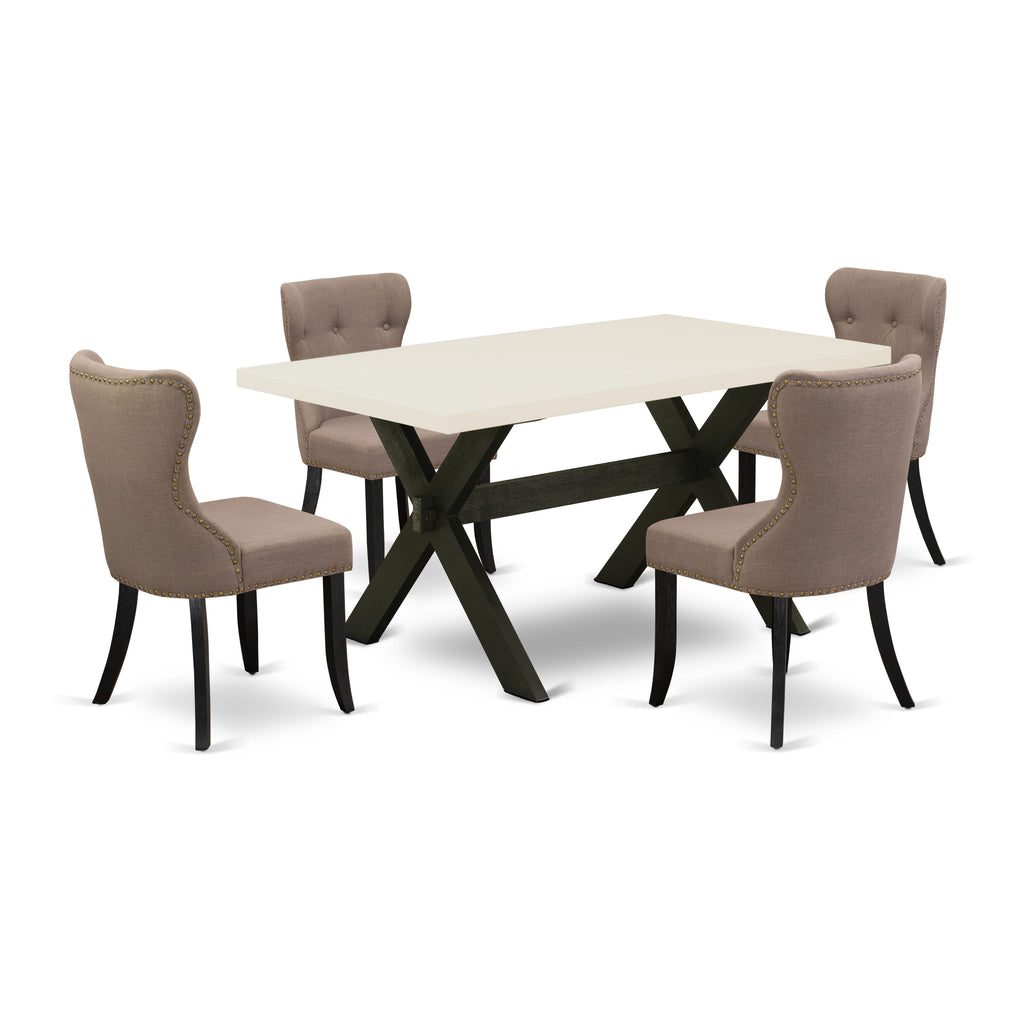 Dining Ensemble X626S9547-F 5-Piece Set with X-Leg Table & Coffee Linen Chairs