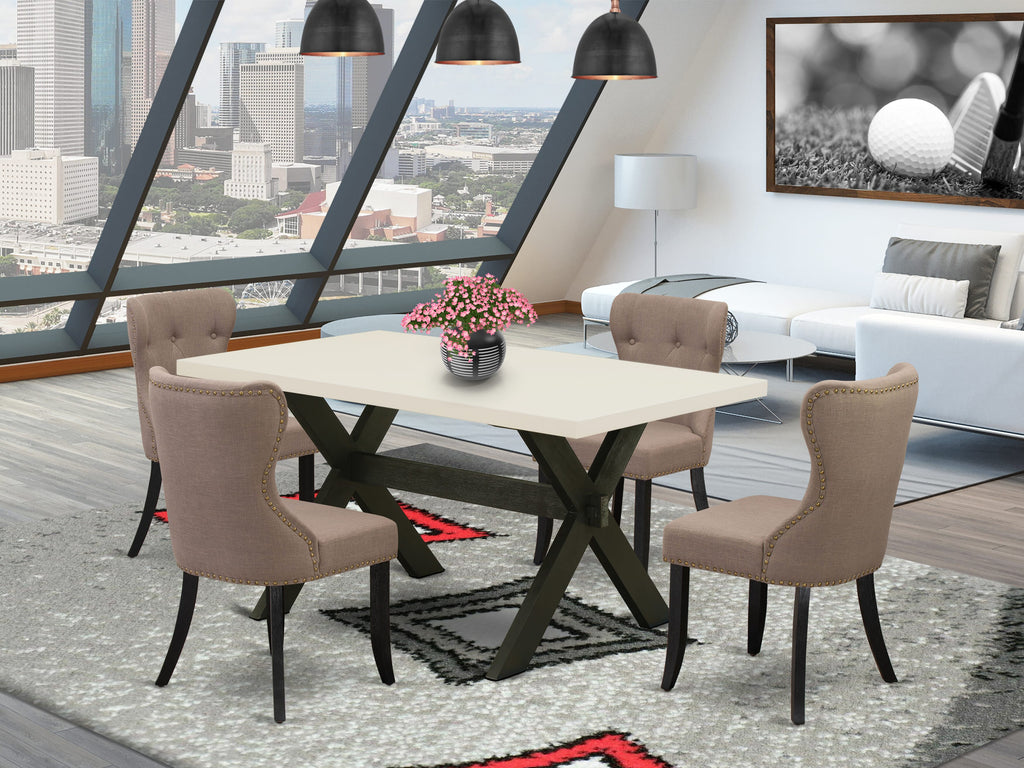 Dining Ensemble X626S9547-F 5-Piece Set with X-Leg Table & Coffee Linen Chairs
