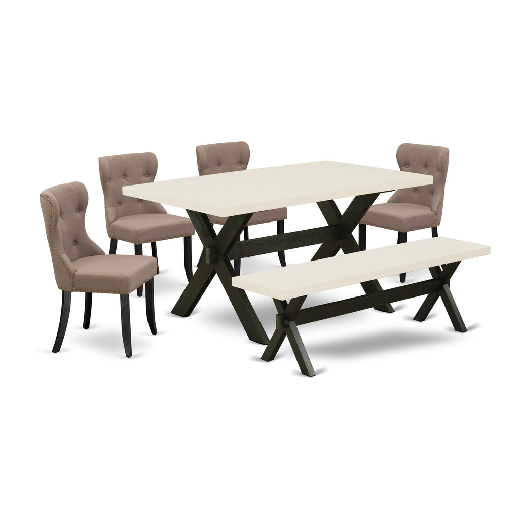 X626SL7EU-7 Elegant Dining Set Rectangular Table with X-Legs, Bench & 4 Parson Chairs, Multi-Toned Luxe
