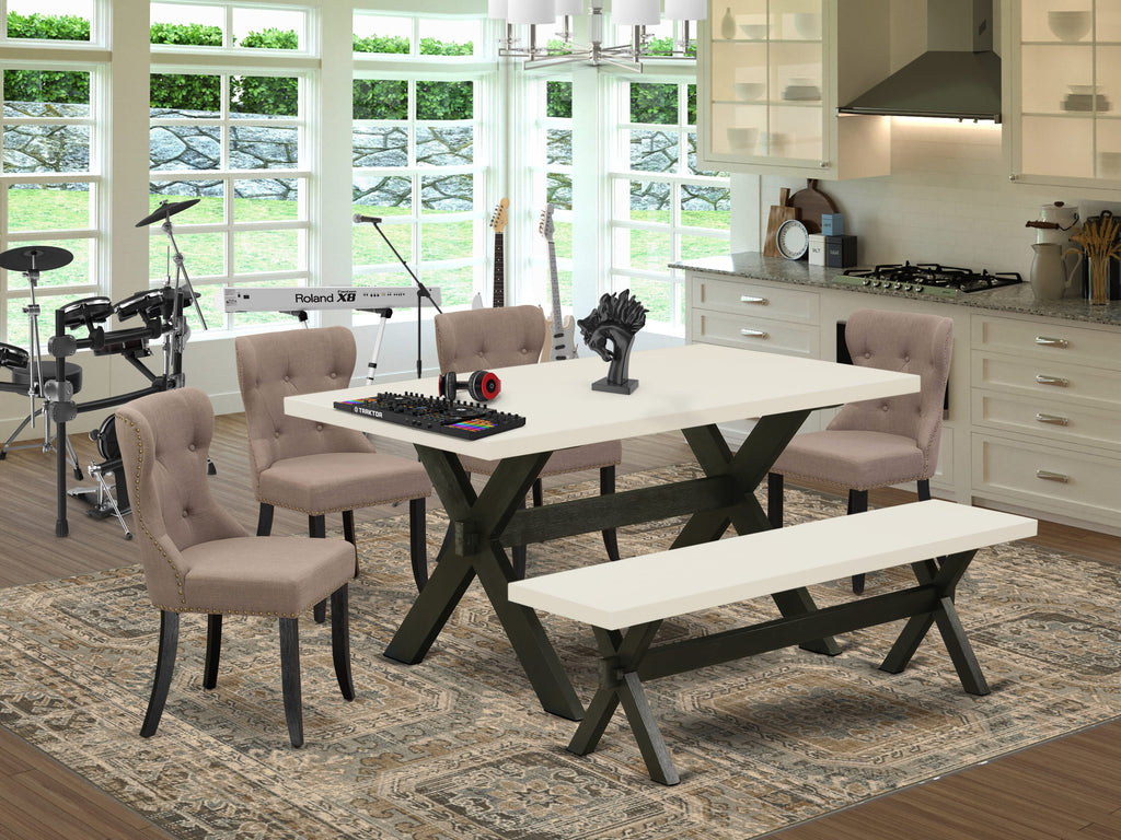 X626SL7EU-7 Elegant Dining Set Rectangular Table with X-Legs, Bench & 4 Parson Chairs, Multi-Toned Luxe