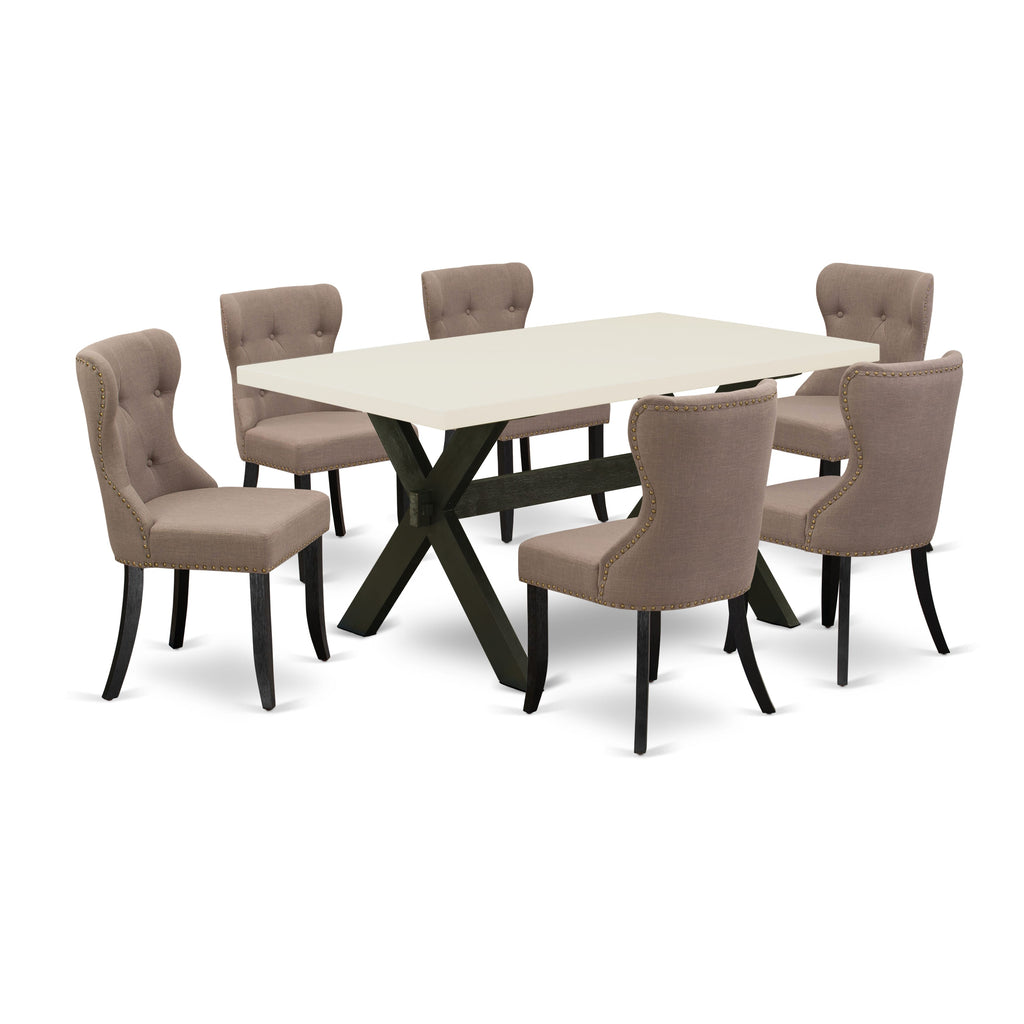 X626SVKDL-3 Dining Ensemble 7-Piece Set with Rectangular Table and 6 Upholstered Linen Chairs