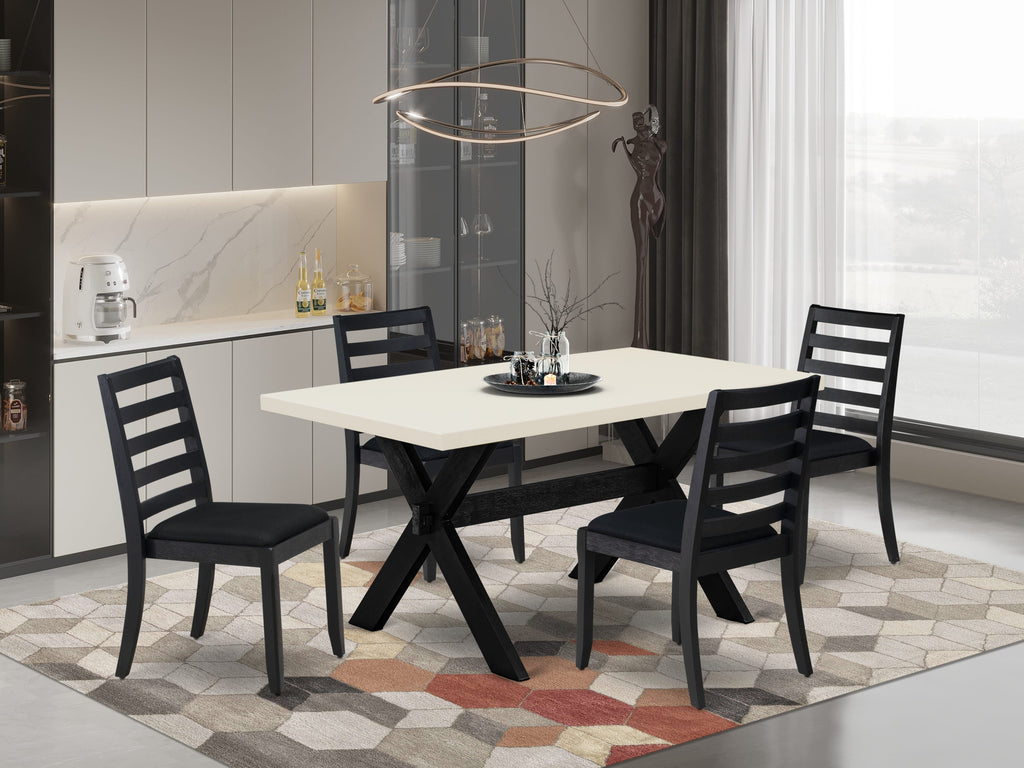 X626XR99K-1 Cozy 5-Piece Dining Ensemble with White Table and Black Linen Chairs for Pleasant Gatherings