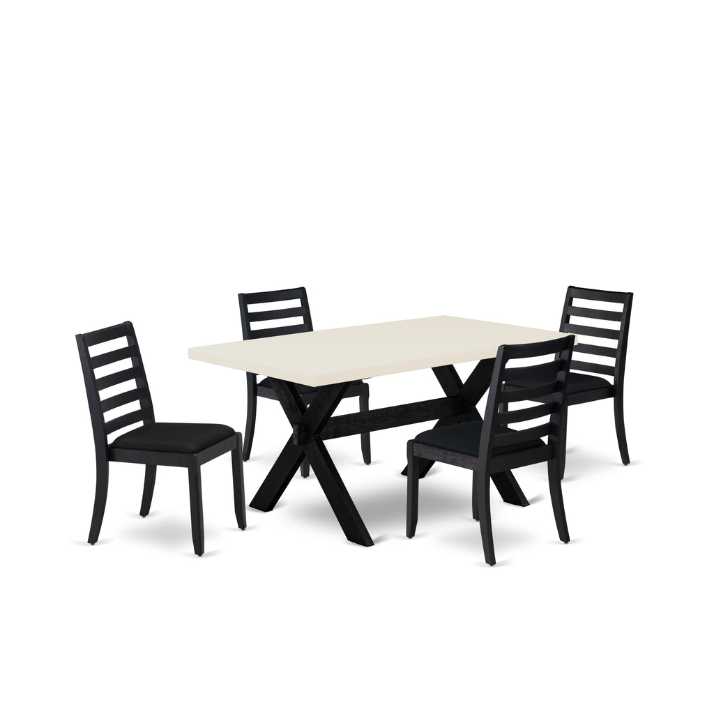 X626XR99K-1 Cozy 5-Piece Dining Ensemble with White Table and Black Linen Chairs for Pleasant Gatherings