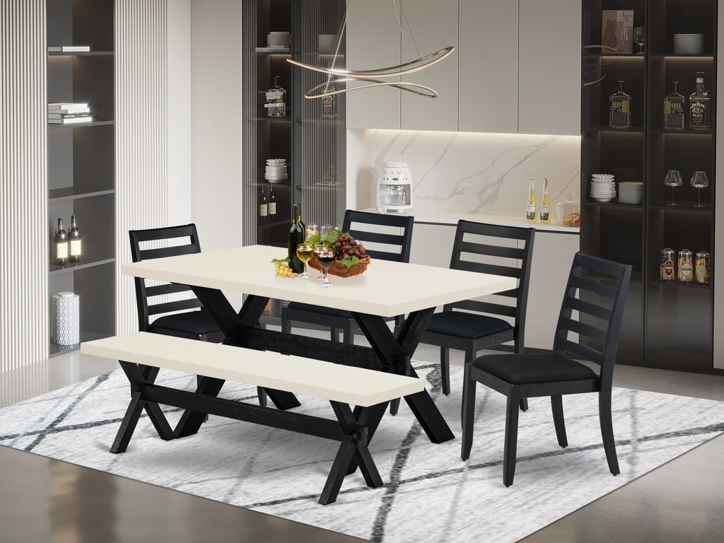 X626XRNOB-M Six-Piece Dining Ensemble with White Tabletop, Bench, and Chic Black Chairs