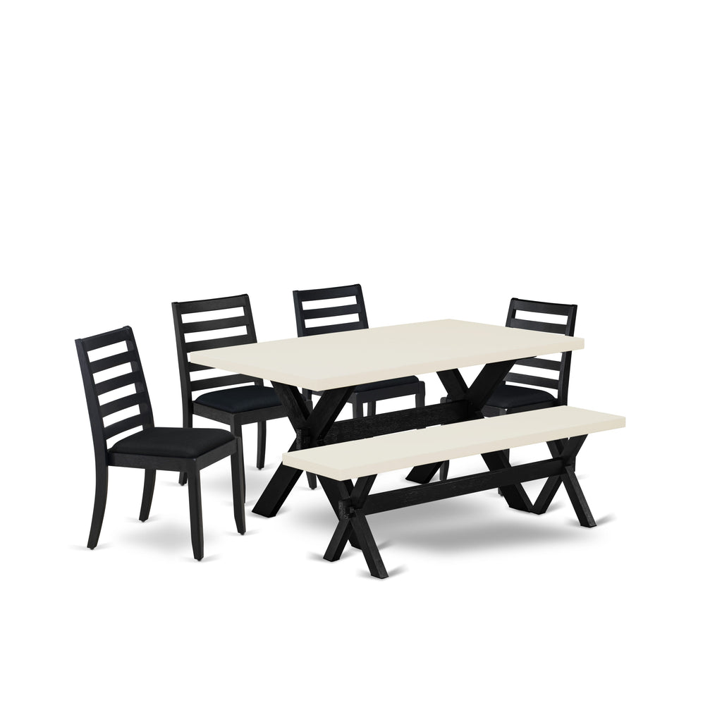X626XRNOB-M Six-Piece Dining Ensemble with White Tabletop, Bench, and Chic Black Chairs