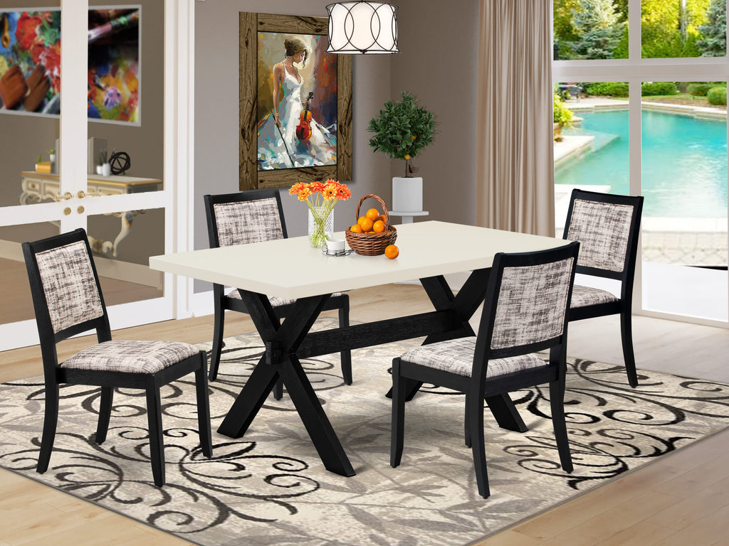 X626X2F2D-S 5-piece Dining Ensemble - Includes Table with Linen White Surface and 4 Stackable Chairs, White & Gray Patterned Faux Leather - Wire-brushed Black Finish