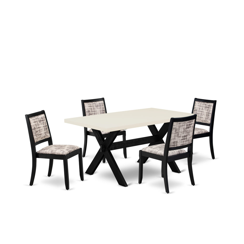 X626X2F2D-S 5-piece Dining Ensemble - Includes Table with Linen White Surface and 4 Stackable Chairs, White & Gray Patterned Faux Leather - Wire-brushed Black Finish