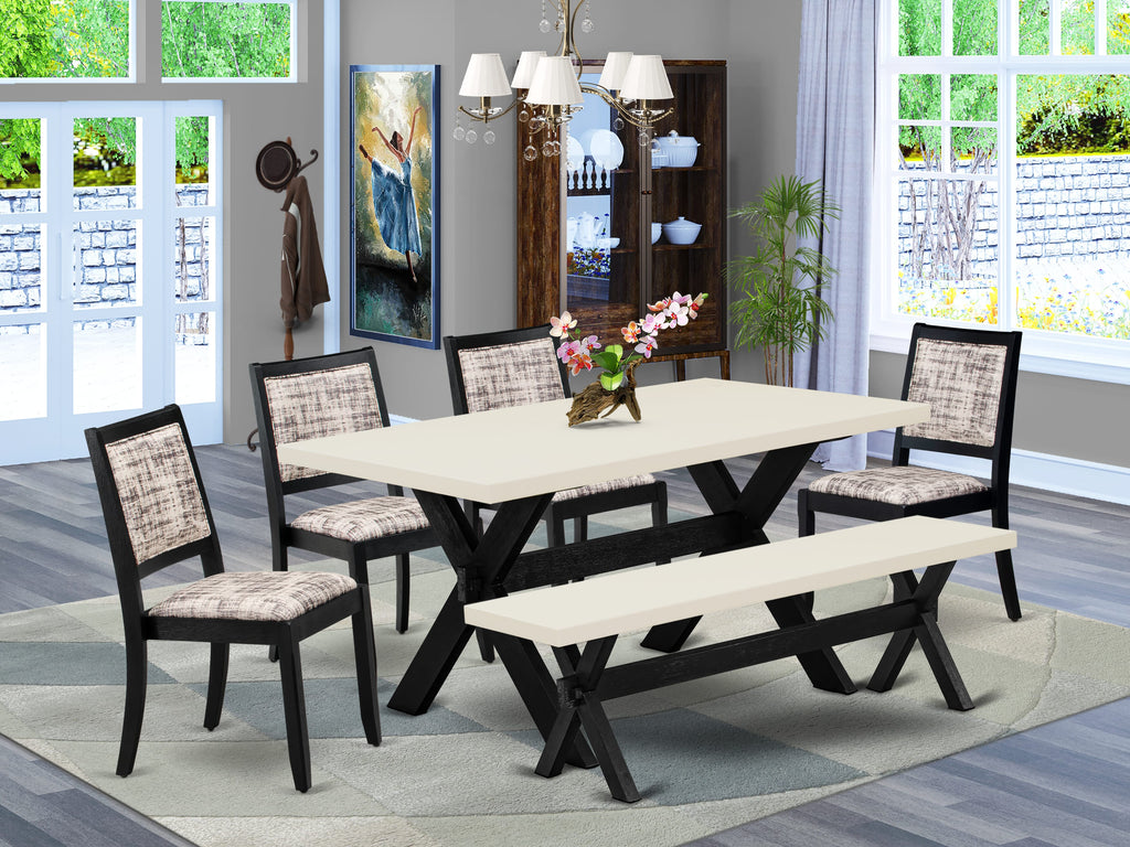 Dining Set X626XPJU0-7 6-Piece Ensemble Table with Bench & 4 Chairs in Stylish Wire-Brushed Black Finish