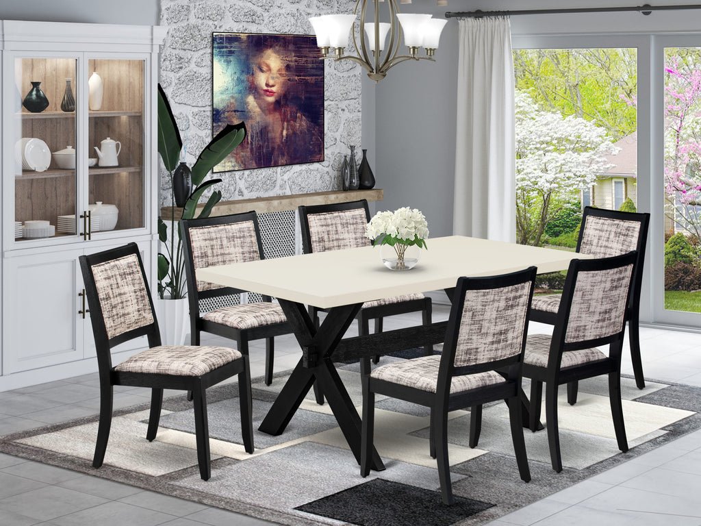 X626XJ15J-9 Wire-Brushed Black 7-Piece Dining Ensemble with Linen White Tabletop and Six Gray-White Faux Leather Chairs